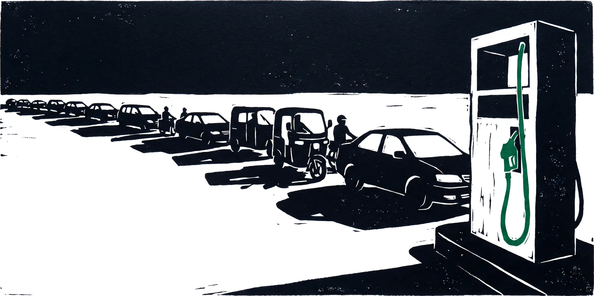 Linocut illustration of a long queue of cars and motorcycle taxis stretching away from a single petrol pump