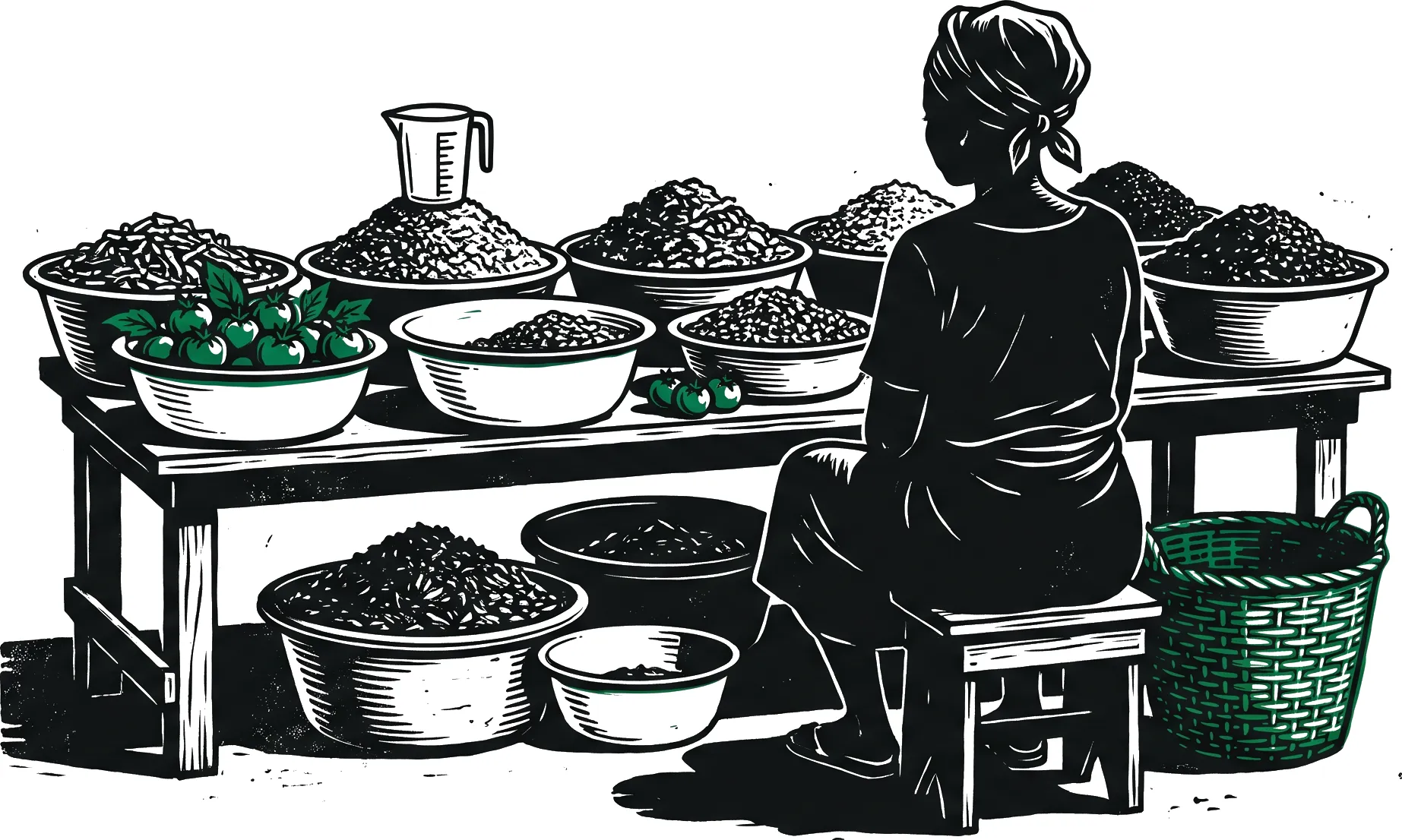 Linocut illustration of a market trader seen from behind, sitting before bowls of garri, beans and tomatoes, most only half full