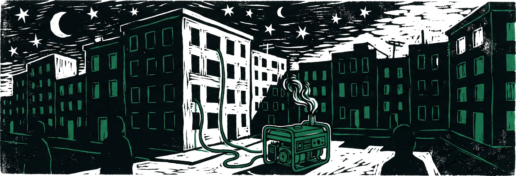 Linocut illustration of dark apartment blocks at night, with a single petrol generator smoking on the street and a cable running into the building